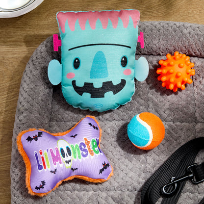Halloween Dog Toys, 4 Piece Multipack, Teal Plush Frankenstein, Purple Squeaky Bone, Multicolored Tennis Ball, Orange Spiky Ball