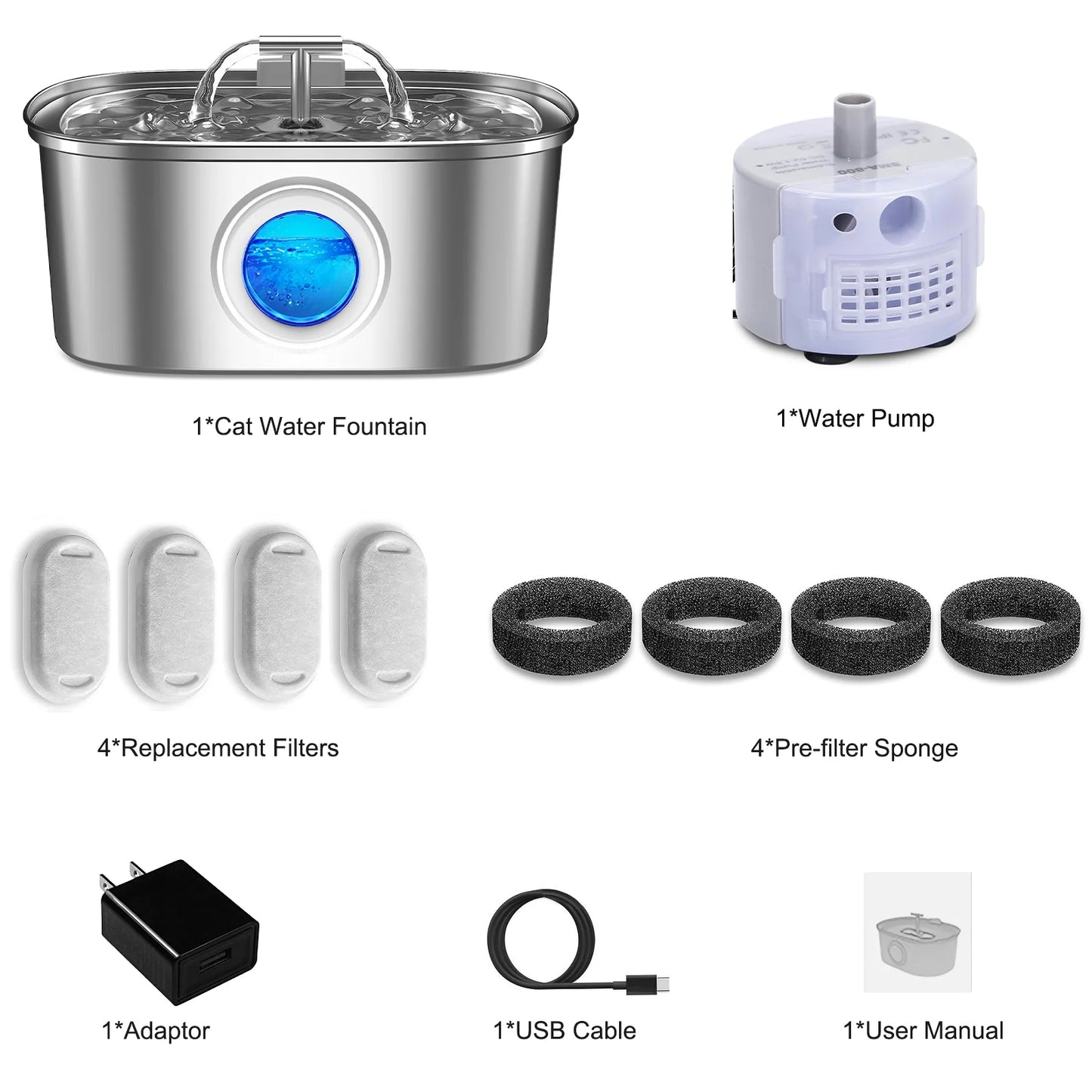 Cat Water Fountain Stainless Steel,  108Oz/3.2L Pet Fountain with Water Level Window, Dog Water Dispenser Drinking Fountain with 4 Replacement Filters for Cats, Dogs