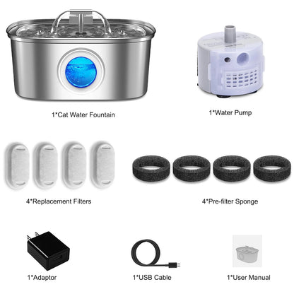 Cat Water Fountain Stainless Steel,  108Oz/3.2L Pet Fountain with Water Level Window, Dog Water Dispenser Drinking Fountain with 4 Replacement Filters for Cats, Dogs