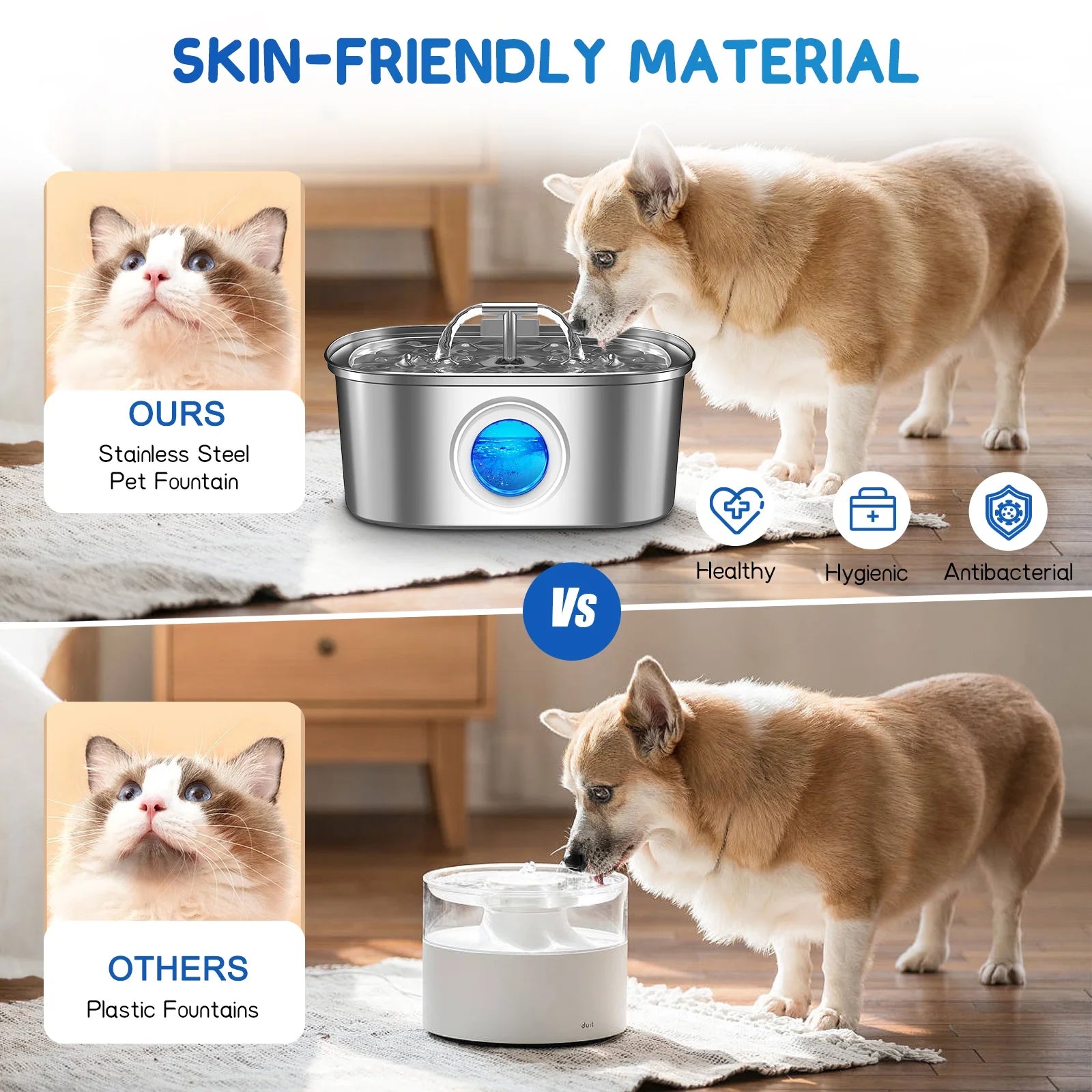 Cat Water Fountain Stainless Steel,  108Oz/3.2L Pet Fountain with Water Level Window, Dog Water Dispenser Drinking Fountain with 4 Replacement Filters for Cats, Dogs