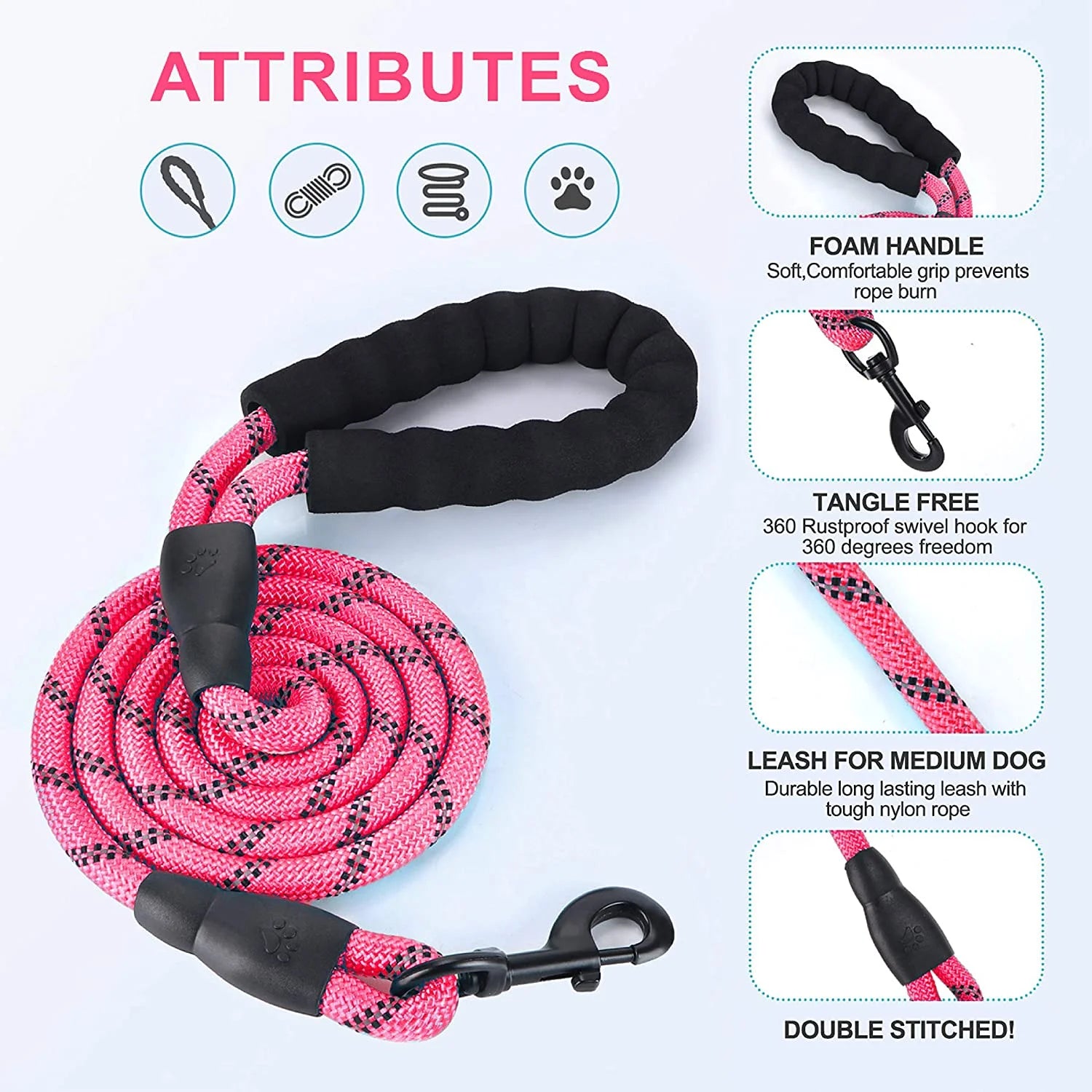 Reflective Strong Rope Dog Leash with Comfortable Padded Handle Heavy Duty Metal Clasp for Dogs for Pets (5 FT)PINK
