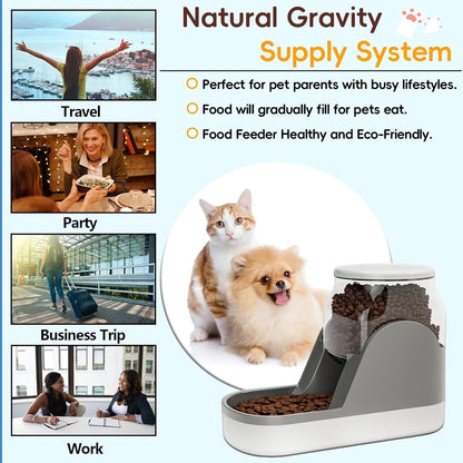 Automatic Dog Food Feeder Gravity Cat Food Dispenser Large Capacity Pet Self Feeding Station Bowl Dish for Small and Medium Dogs Cats，1 Gallon，Grey